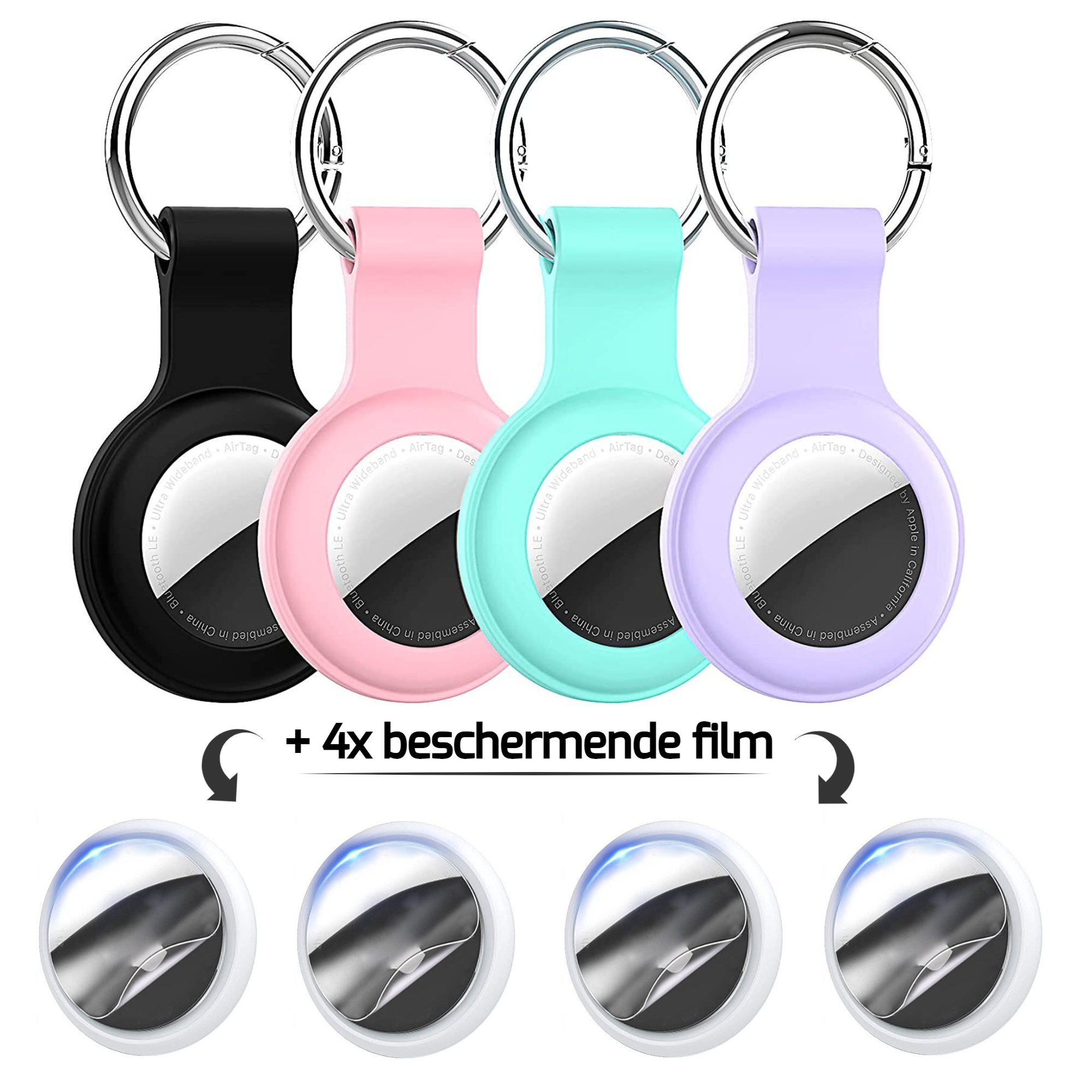 Sleutelhangers voor Apple Airtag (x4) + beschermende film (x4)